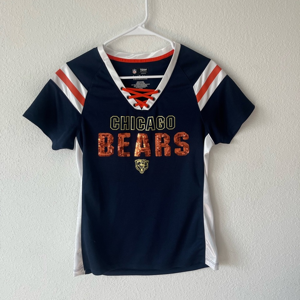 Womens Ladies M Chicago Bears Shirt Sequins Bling Laces NFL Football Jersey